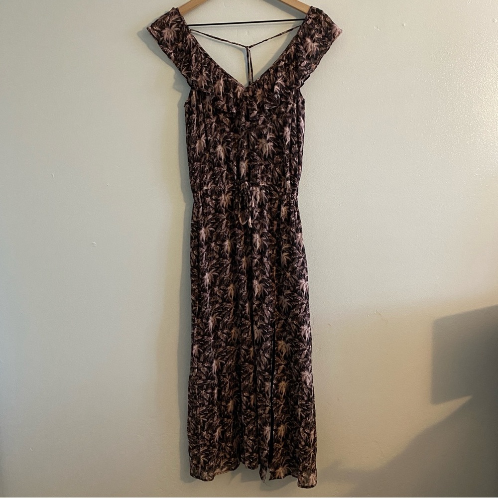 Paige Beverly 100% Silk Dress Black & Silver Rose Size XS Midi Waist Tie Ruffled